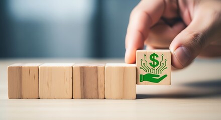 Building wealth and financial security a hand placing a dollar sign block to complete a stack of wooden cubes