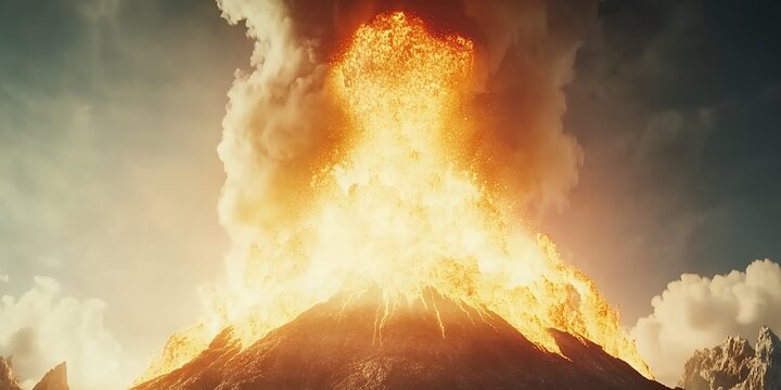 Dramatic volcanic eruption with bright orange lava flowing down the dark mountain and thick ash plume filling the sky