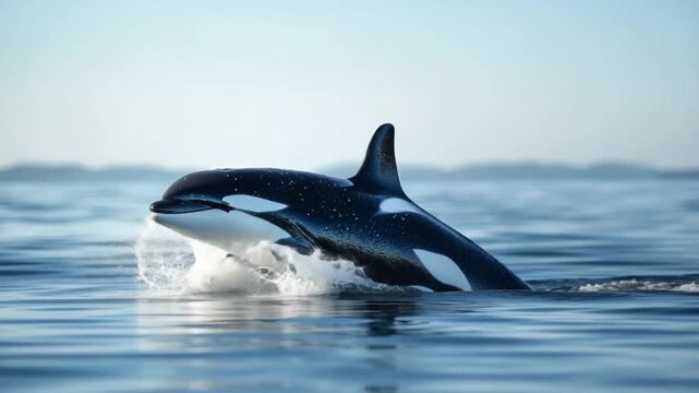 Majestic orca leaping gracefully out of the serene ocean waters.