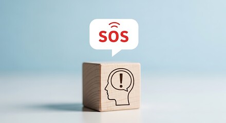Sos message from the mind wooden block with exclamation point head and sos speech bubble representing mental distress and the need for help