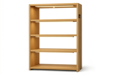 Modern wooden bookshelf with LED lights isolated on transparent background