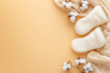 Top view of soft white knitted baby booties a warm cream blanket and delicate cotton flowers on a light peach background