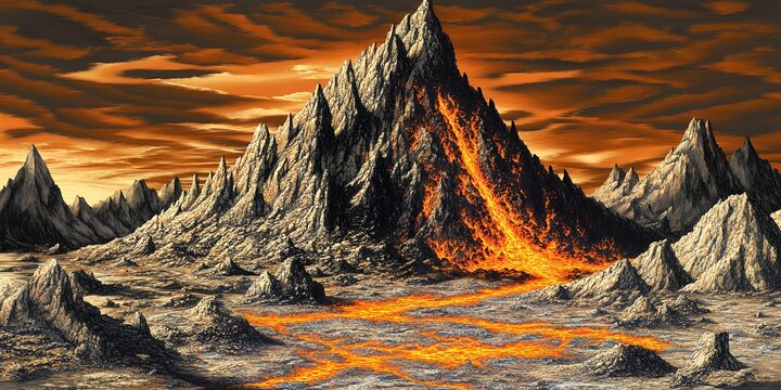 A volcanic mountain erupts molten lava streams down its dark slopes into a barren rocky landscape under a fiery sky