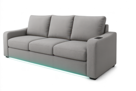 Modern grey 3-seater sofa with LED lighting, isolated on transparent background.