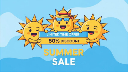 Cheerful Sun Mascot Trio Promotes Exciting Limited-Time 50% Off Summer Shopping Event