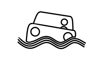 Transparent Icon of a Sinking Car with Passengers in Water, Black and White Outline, Disaster Illustration