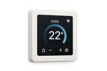 Modern smart thermostat showing 22 degrees, isolated on transparent background
