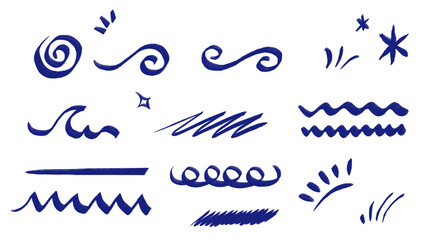 Set of hand-drawn navy blue doodle elements including swirls, waves, lines and stars. Vector illustration isolated on white background. Transparent background.