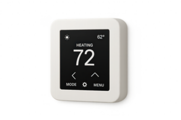 Modern white smart thermostat displaying heating on a transparent background, isolated