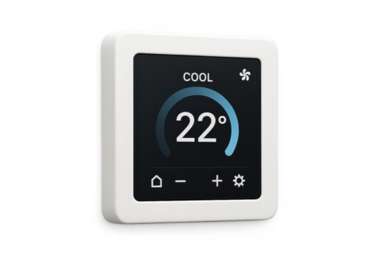Modern smart thermostat showing 22 degrees, isolated on transparent background