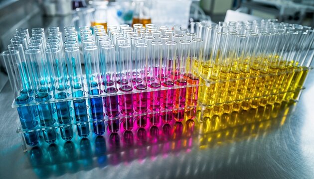 Laboratory science research with colorful chemical solutions in test tubes and vials - Powered by Adobe