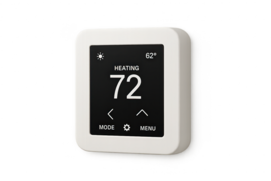 Modern white smart thermostat displaying heating on a transparent background, isolated