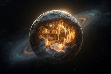 Mysterious alien planet with fiery core and swirling nebulae in deep space