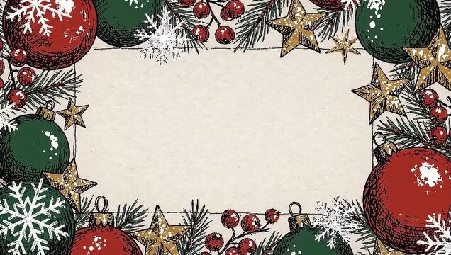 Animated Hand-Drawn Vintage Christmas Frame with Ornaments and Pine Branches Looping Background