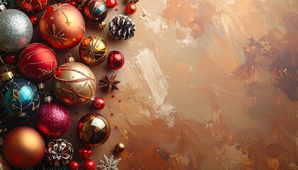 Festive Christmas Ornaments and Natural Elements on Textured Background.
