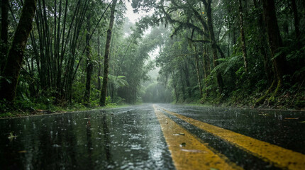 Obraz premium Misty forest road in green woodland