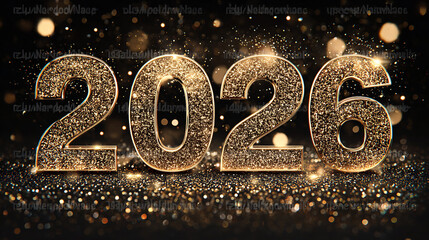 Sparkling golden numbers 2026 shimmer against a dark, festive background with bokeh lights.