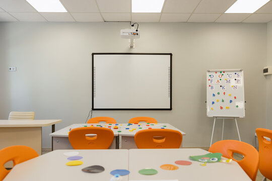Bright and colorful classroom ready for creative learning activities with engaging materials