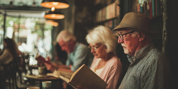 Seniors enjoying reading time together in a cozy cafe during the afternoon