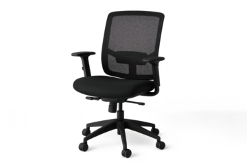 Black ergonomic office chair isolated on a transparent background, modern design.