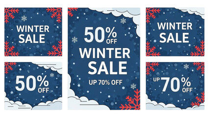 Festive winter holiday sale advertisement templates with snowflake patterns and discount offers