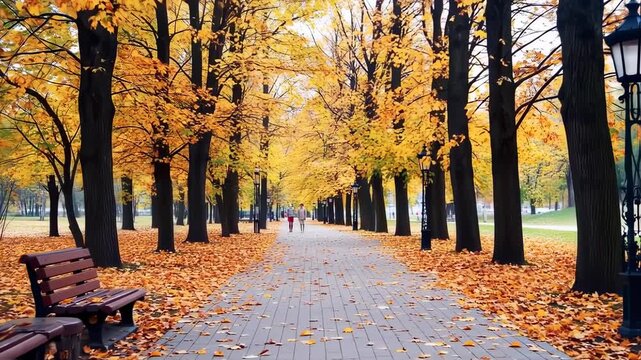A park path lined with trees in autumn; golden leaves on the ground. Two people walk