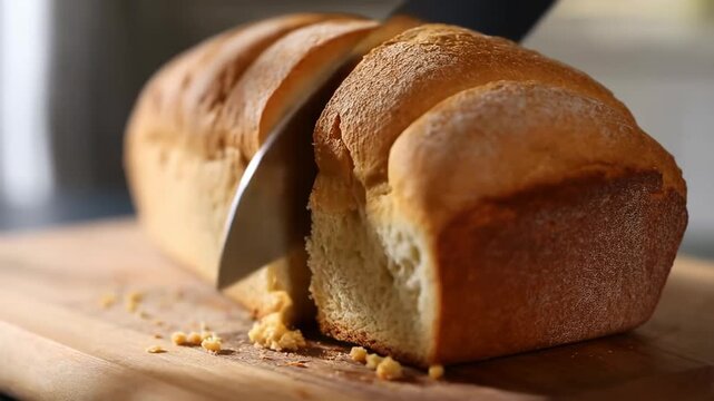 Slow motion close-up of artisan bread slicing with crumbs falling on wooden cutting board
