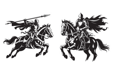 Medieval Knight Horseback Battle Illustration Vector Silhouette Art.