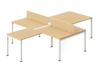 Office workstation for four, light wood desks, transparent background.