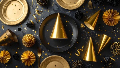 A Table of Party Favors. Happy New Year. A party table prepared for a New Year's celebration. The table is covered in golden and black party favors including party hats noisemakers streamers.