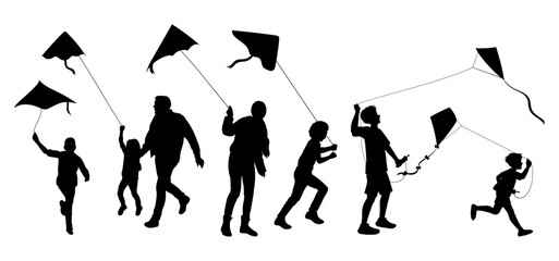 Kids Flying Kites Silhouette. Childhood Fun and Outdoor Activity Vector