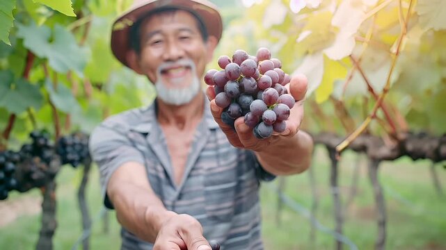 A man in a straw hat holds a cluster of purple grapes against a backdrop of green foliage. The mans attire is casual, with a striped shirt and a hat. The grapes.