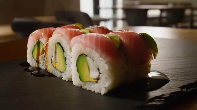 Close-up of vibrant sushi rolls with fresh fish, avocado, and soy sauce pour on dark slate plate in minimalist Japanese dining setting