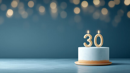 minimalistic white cake with candles and number 30 on a blurred blue-gray background with light bulbs