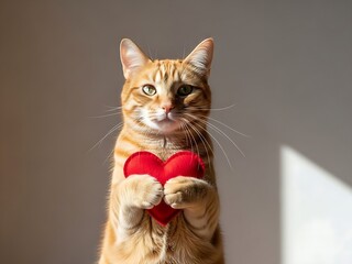 Cute Ginger and White Cat Holding a Bright Red Heart. Perfect Pet for Valentine's Day, Love, Romance, Greeting Card, Pet Adoption, Companion, Adorable, and Animal Affection