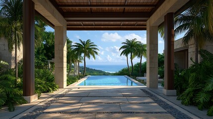 Infinity pool view through a stone archway towards the ocean on a tropical island
