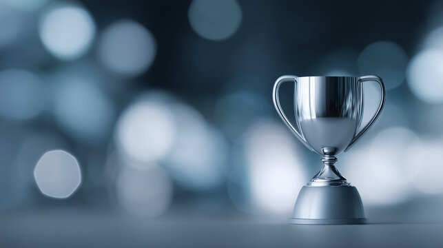 Corporate award trophy on podium with spotlights, abstract bokeh background, professional achievement