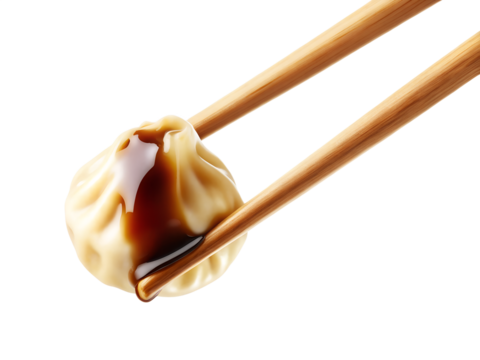 Delicious dumpling held with chopsticks, dripping soy sauce, cut out