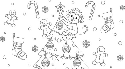Christmas Tree with Monkey, Ornaments, Candy Canes, Gingerbread Men and Snowflakes Keywords: christmas, tree, monkey, candy cane