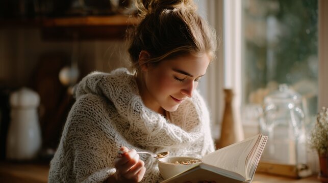 Cozy morning routine with a book and breakfast in a warm kitchen - Powered by Adobe