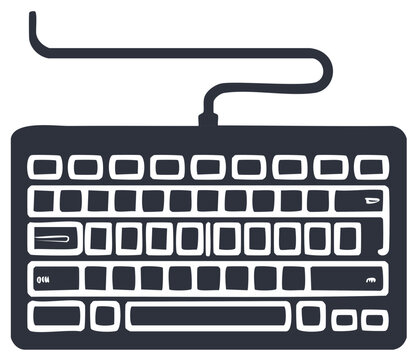 Hand Drawn Computer Keyboard with Cable, Keys and Input Buttons