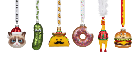 PNG funny Christmas ornaments set hanging from decorative ribbons isolated on transparent background