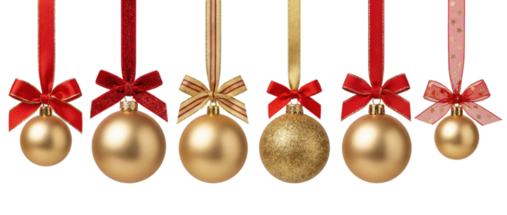 PNG Festive golden Christmas ornaments set hanging from decorative red and gold ribbons isolated on transparent background