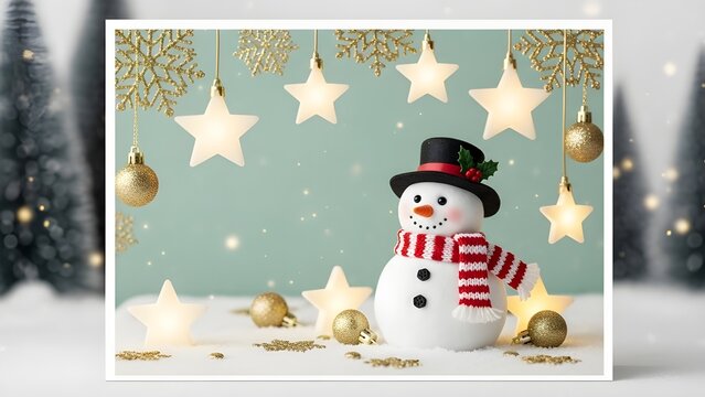 Whimsical Christmas scene with a smiling snowman, festive ornaments, and glowing stars, perfect for holiday greetings and winter celebrations - Powered by Adobe