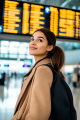 businesswoman traveler standing at airport looking at flight information board