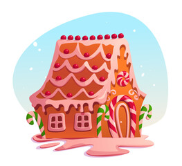 Naklejka premium Gingerbread House with Candy Cane. Traditional Christmas Cookie Decorated with White Icing and Caramel. Cartoon Vector Illustration.