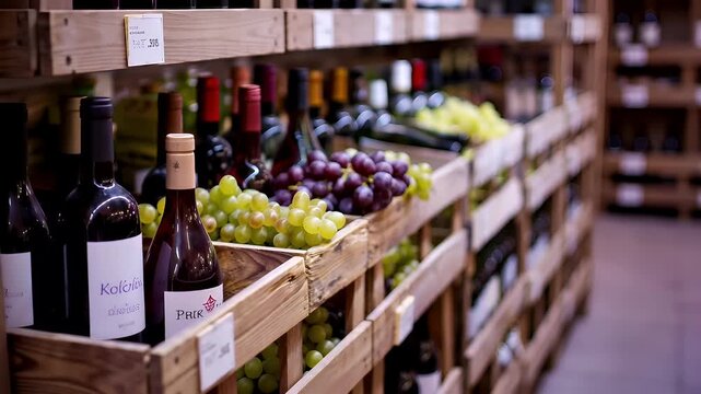 A closeup shot of a wooden wine rack filled with assorted wine bottles and grapes. The wine bottles are of different shapes and sizes.