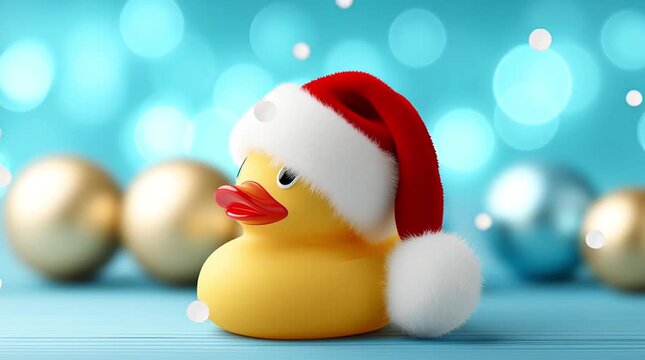 Rubber duck wearing Santa hat is showcased against a festive backdrop, with shimmering ornaments, camera pans smoothly to reveal details	