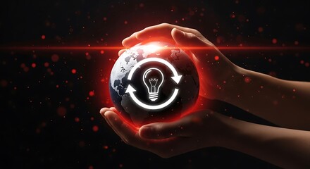 Hands holding globe with lightbulb icon symbolizing innovation renewable energy and sustainable solutions for a brighter eco friendly future in technology