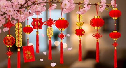 Cherry Blossom Branch with Traditional Red and Gold Festive Decorations